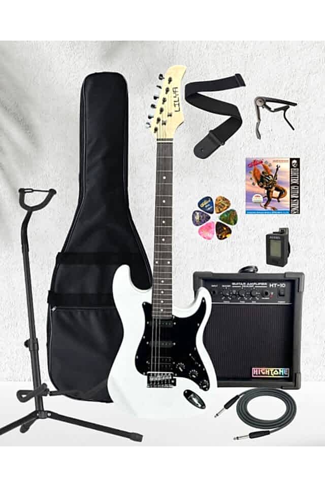Lilya HSS Beyaz Elektro Gitar Amfi Kulaklık FULL SET