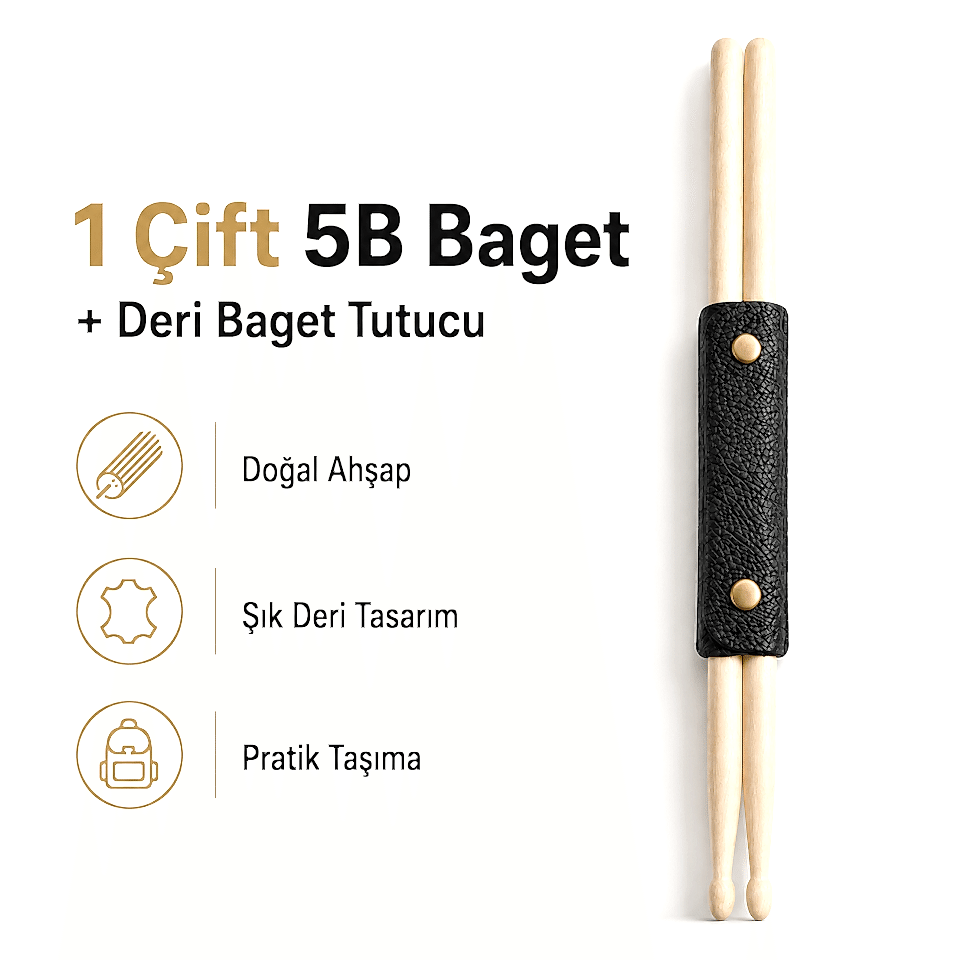 1 Çift 5B Deri Baget Tutuculu Davul Bageti Doğal Ahşap
